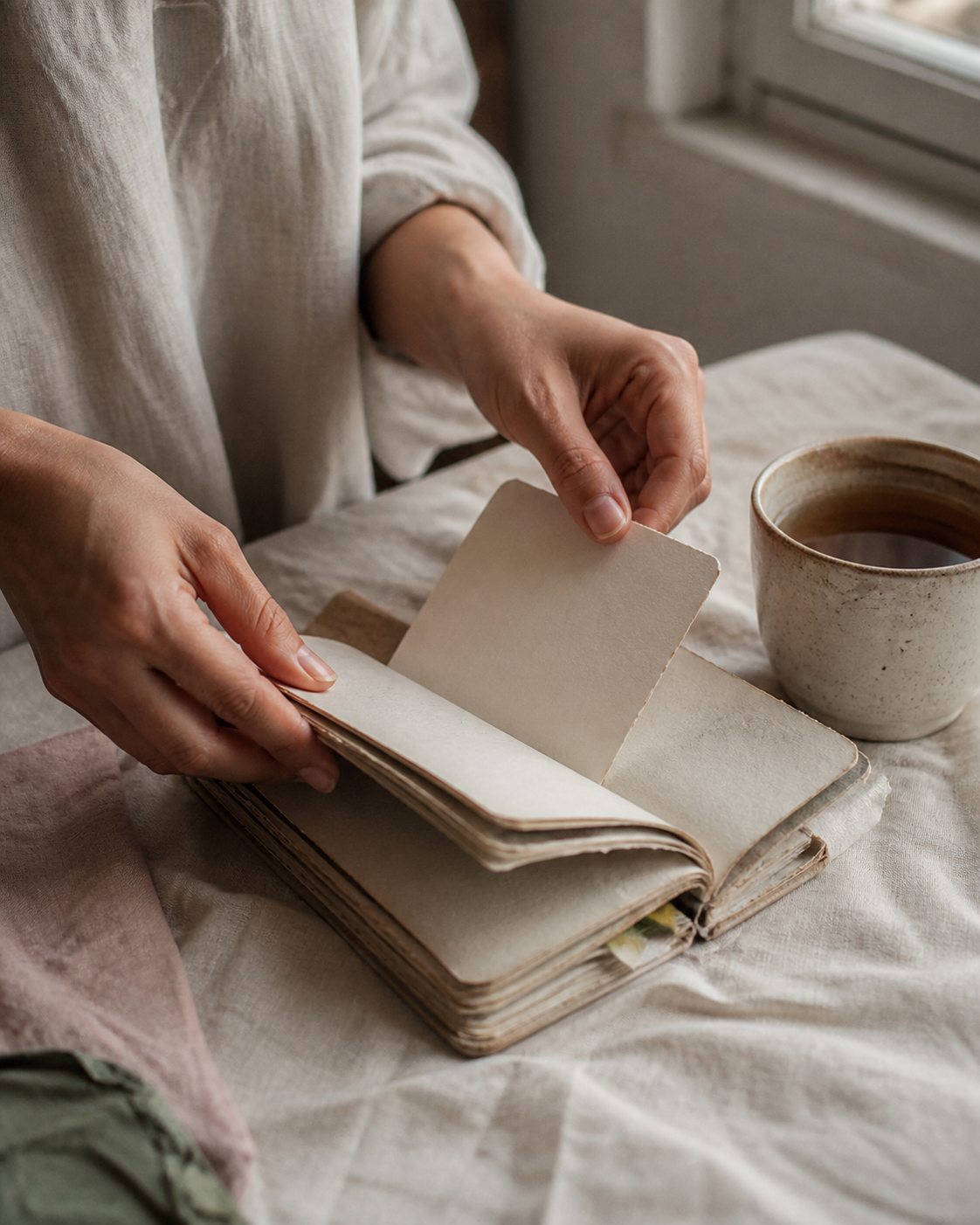 Hands placing a small note into a well-used journal beside tea