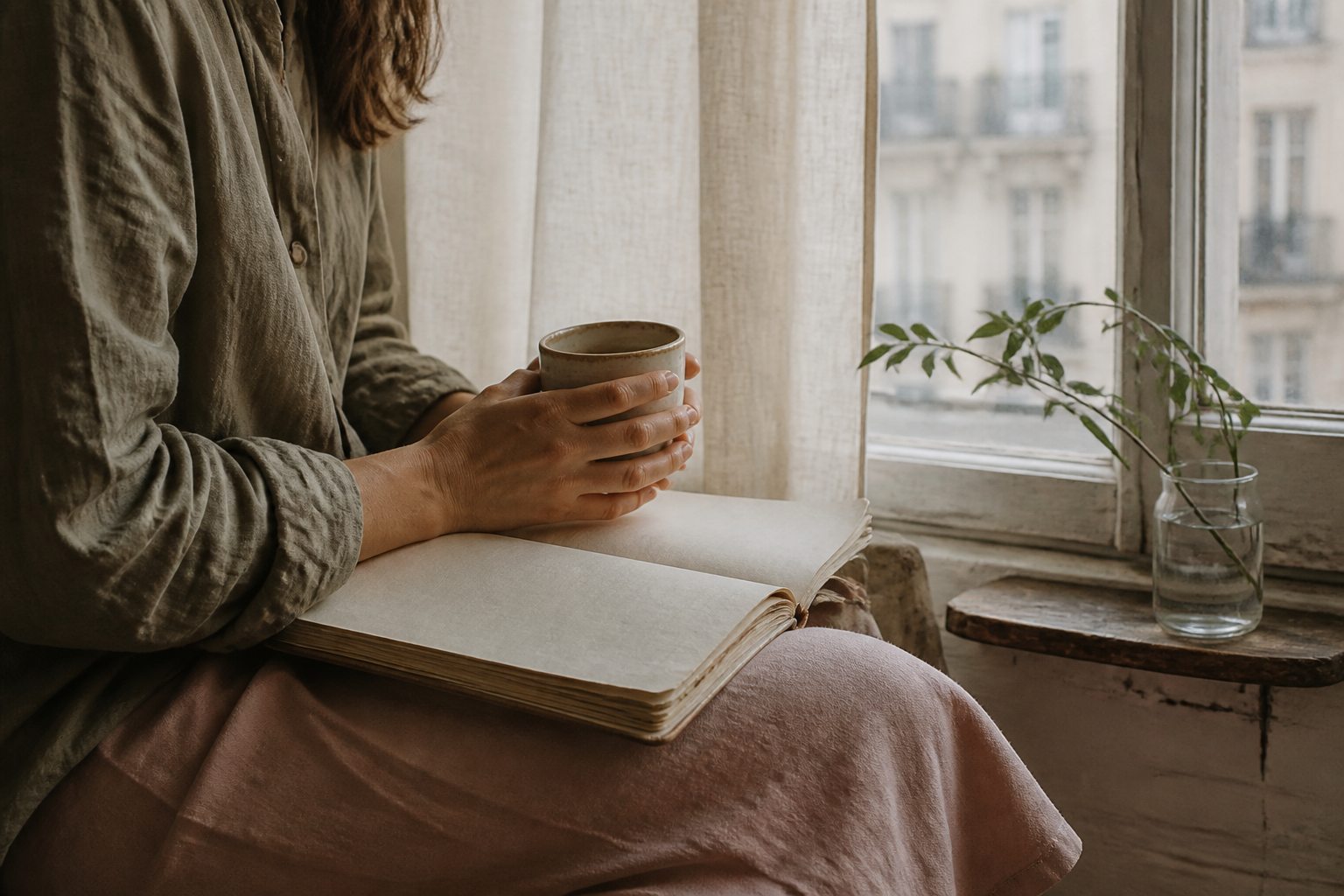 A quiet pause with tea and an open journal by a window